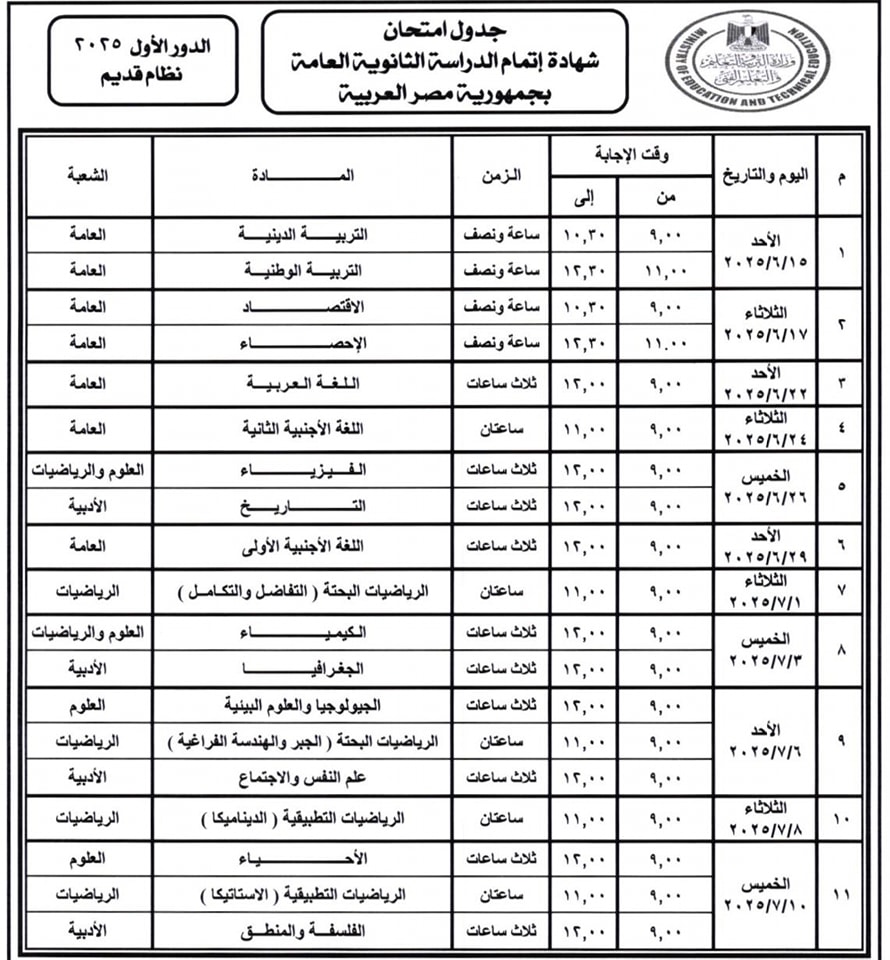 جدول امتحانات الثانوية العامة 2025 علمي علوم